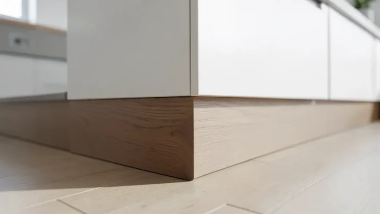 Finished wood end panel covering an exposed toe kick recess at the end of a white kitchen cabinet run