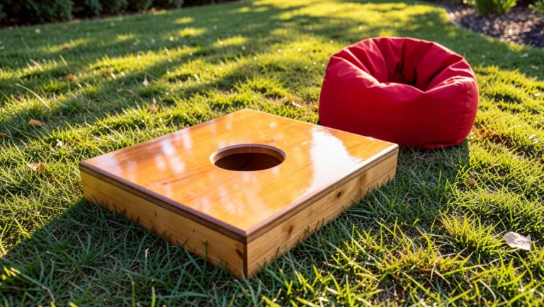 Finished ACL-style cornhole board outdoors with a smooth glossy top-coat finish