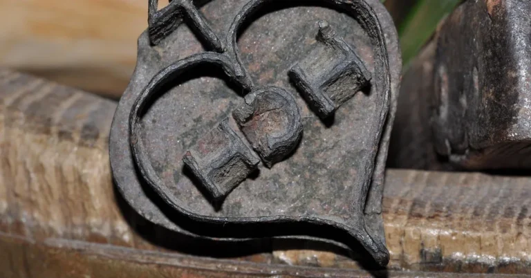 Antique iron brand with a heart-shaped maker mark resting against old wood