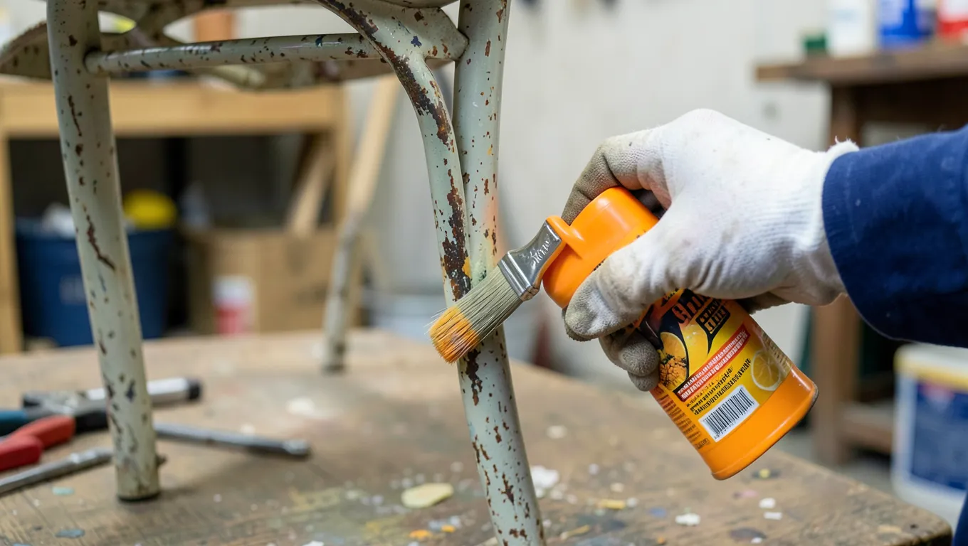 Applying orange citrus gel paint stripper to an old painted metal chair leg with a brush
