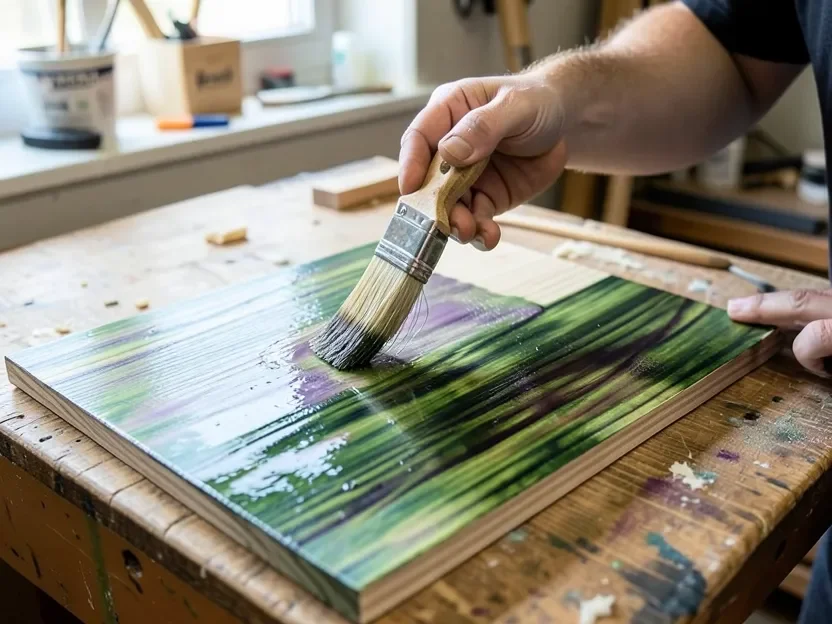 Applying clear finish to poplar wood, deepening its green and purple grain tones
