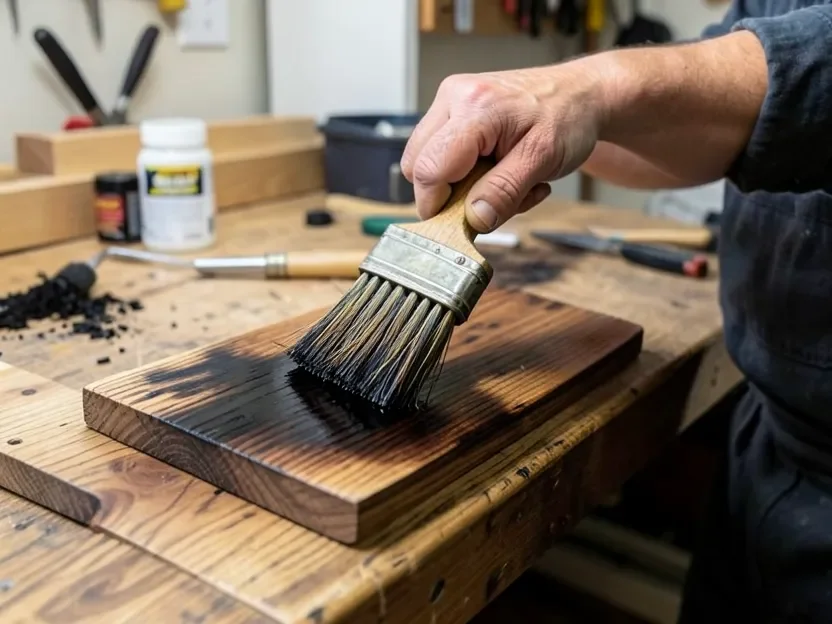 Brushing dark ebonizing solution onto oak wood, showing the color darkening