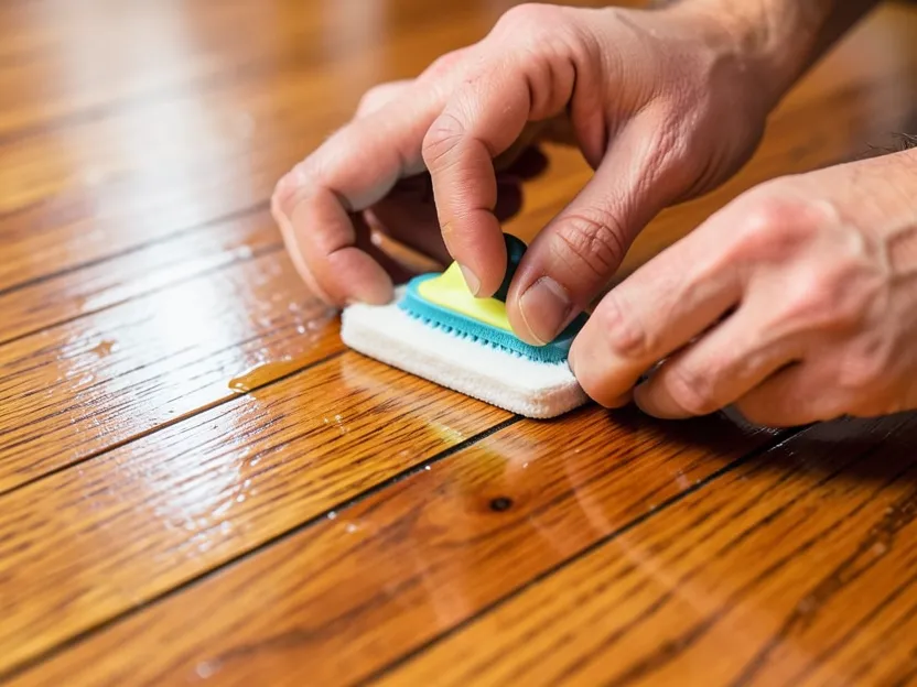 Applying floor polish shows a clear shine contrast between the treated and untreated section of the floor