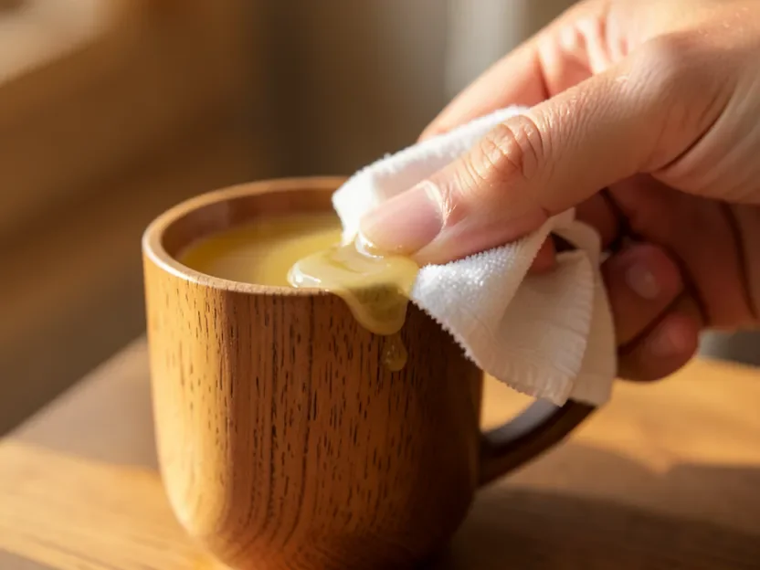 Applying a food-safe beeswax and mineral oil blend to a wooden coffee mug with a soft cloth