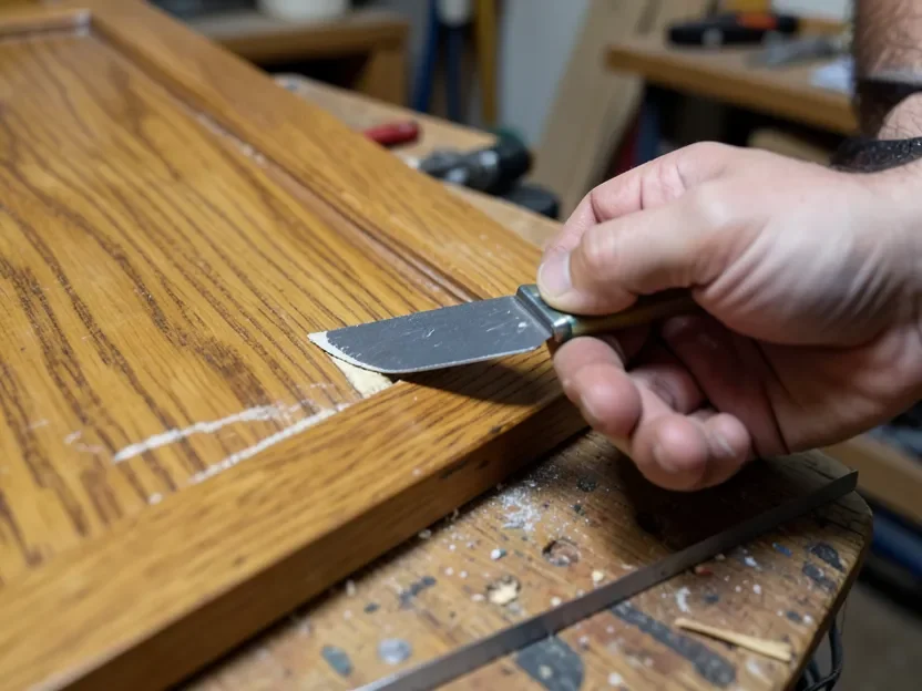 Applying wood grain filler to an oak cabinet door