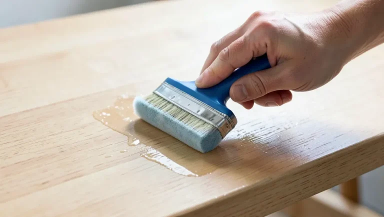 Applying polycrylic with a foam brush to a wood tabletop
