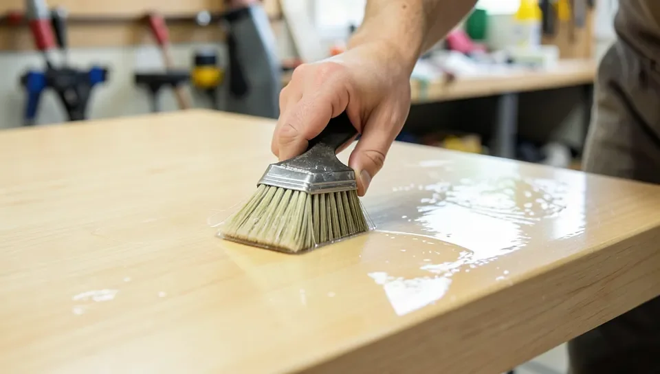 Brushing clear polyurethane topcoat onto a rubberwood table top