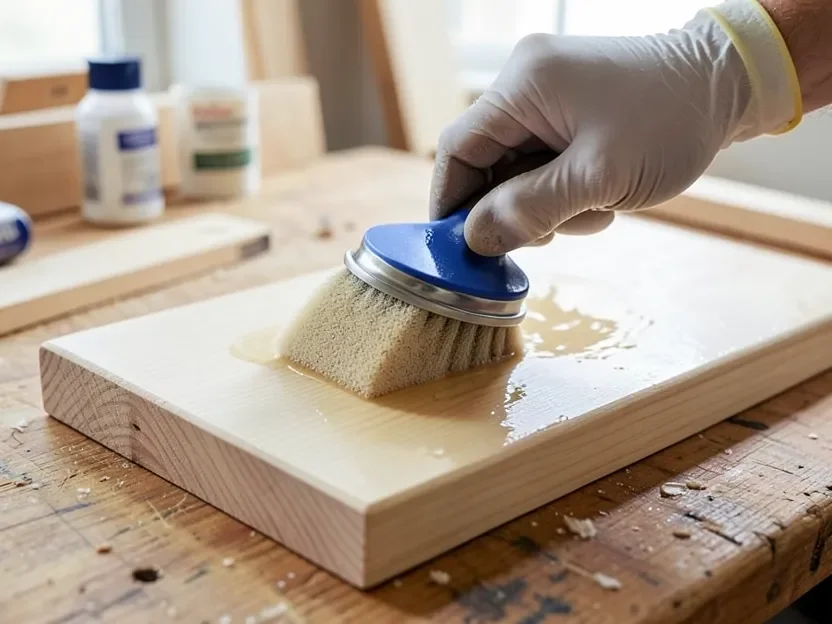 Gloved hand brushing pre-stain wood conditioner onto a raw wood board before staining