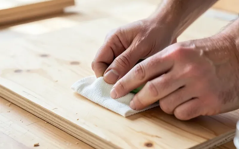 applying pre-stain wood conditioner to a plywood floor with a cloth
