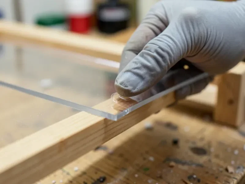 Gloved hand applying a bead of clear silicone adhesive to the edge of an acrylic sheet on a wood frame