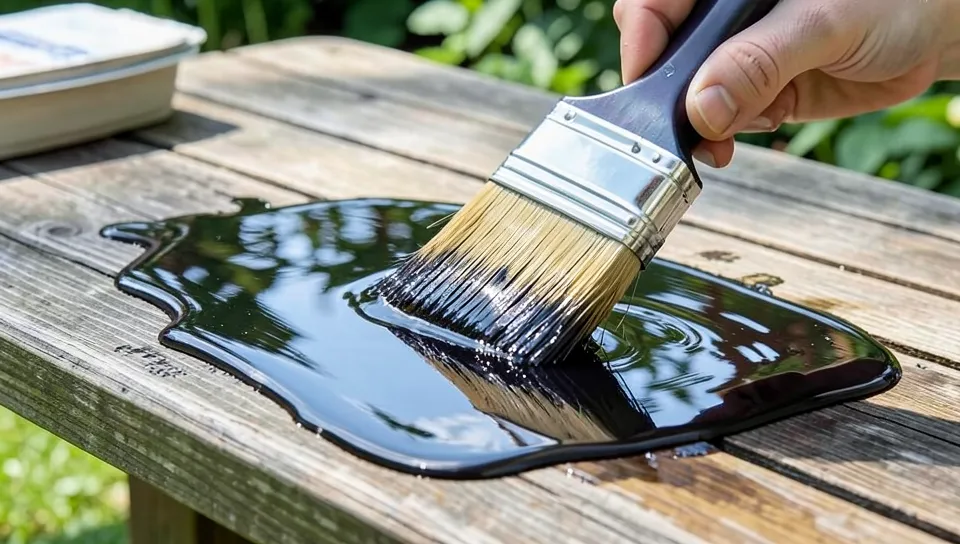 Brushing glossy wet spar urethane onto an outdoor wood tabletop