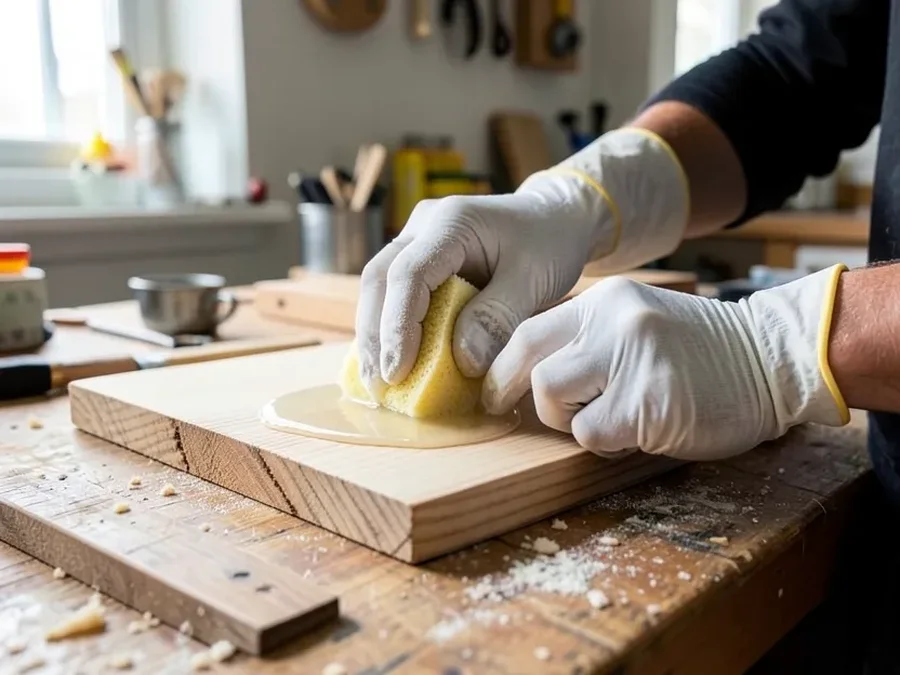 Gloved hands applying wood bleach solution with a sponge to a raw wood board