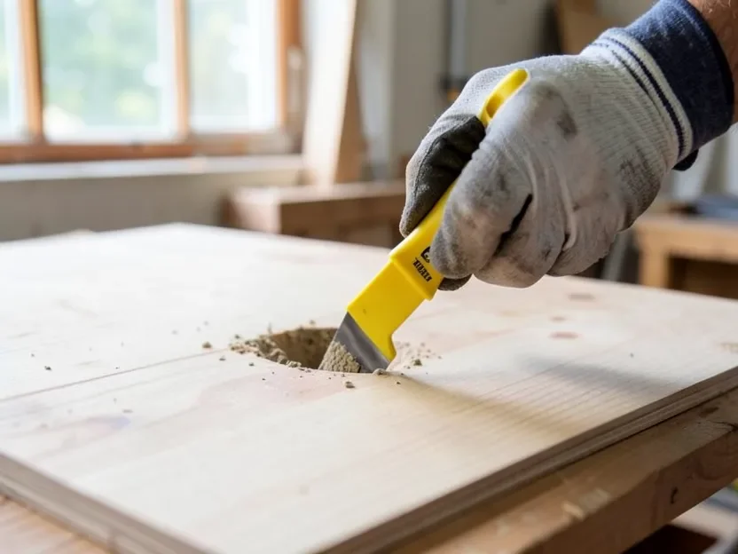 Applying two-part wood filler into a hole in plywood with a putty knife