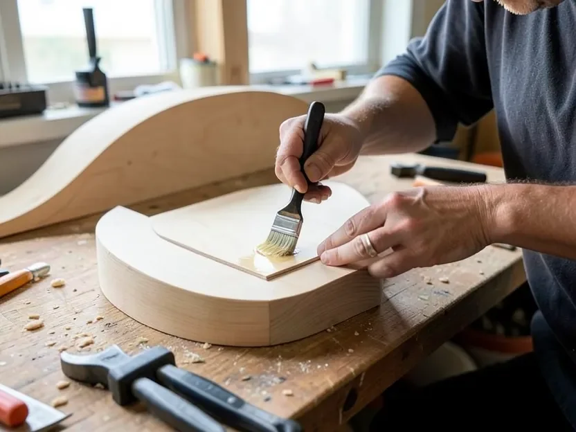 Woodworker brushing wood glue onto a thin strip before layering it onto a curved bending form for lamination