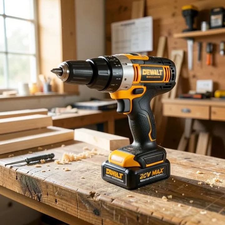 DeWalt cordless drill with 20V MAX battery in a workshop