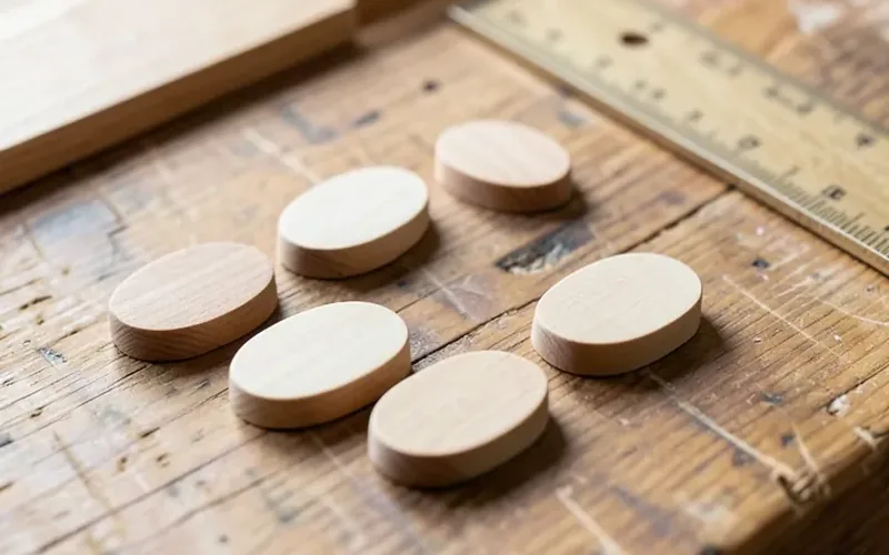 assorted beechwood wood joining biscuits of different sizes laid on a workbench