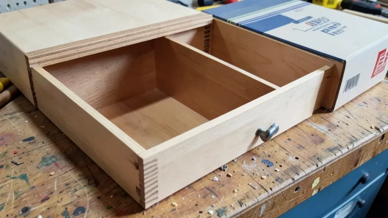 Drawer box and wooden drawer front panel separated on a workbench, showing how a drawer front attaches from behind