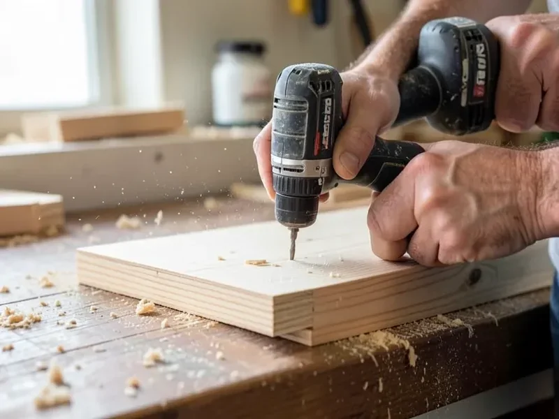 Cordless drill attaching a plywood sheet to a wooden support frame during a DIY bar top build