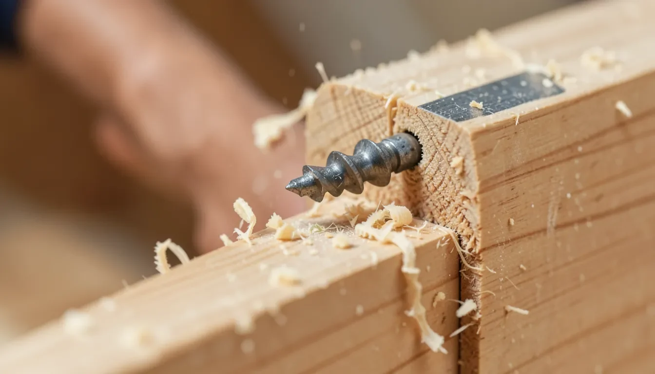 An auger drill bit boring into a wood beam