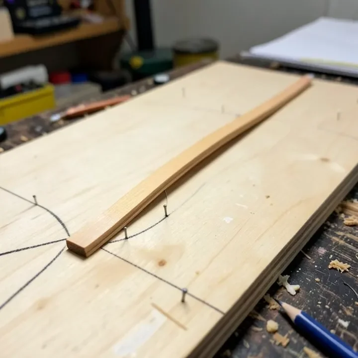 Batten method for drawing a smooth curve Thin wooden batten strip bent into a smooth curve and held by nails on a plywood board