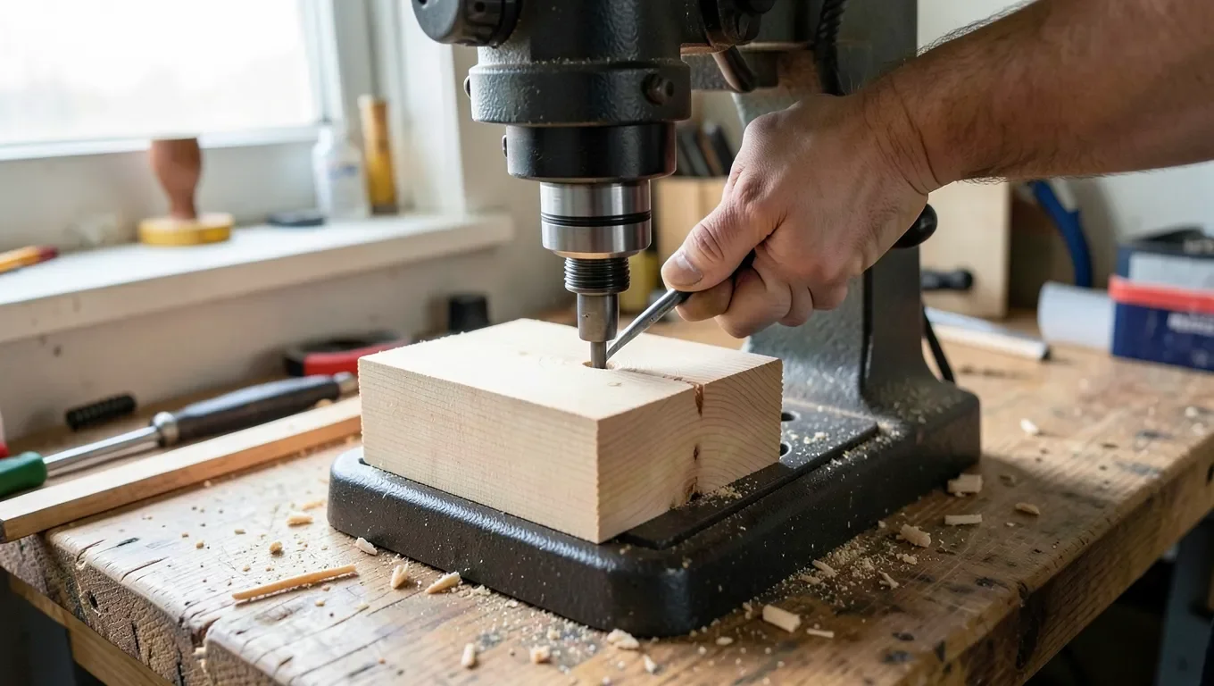 A benchtop drill press drilling a hole in a wood block