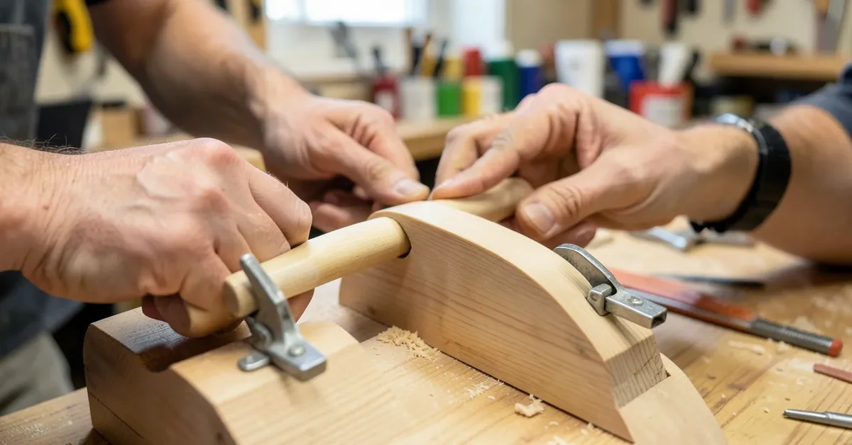 Woodworker bending a steamed wooden dowel around a curved jig held with clamps