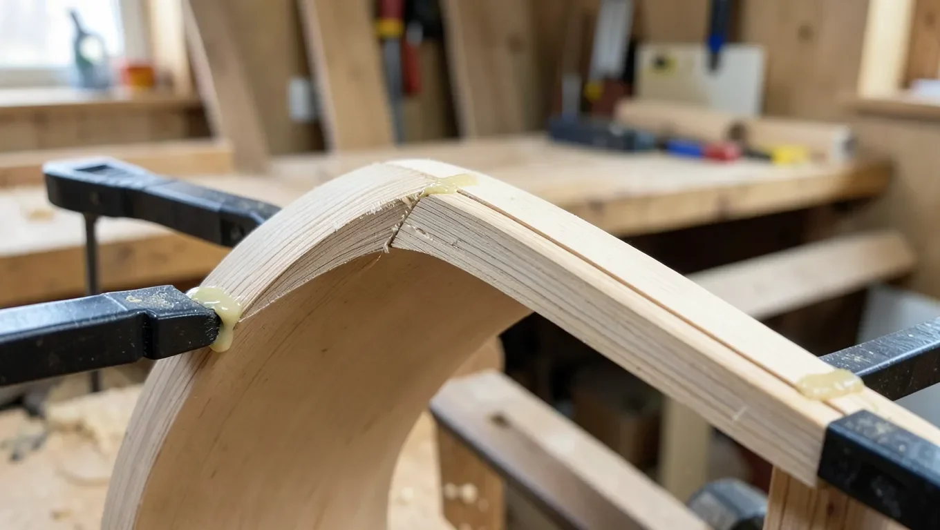 Thin wood strips laminated and clamped around a curved bending form, glue squeeze-out visible at the seams