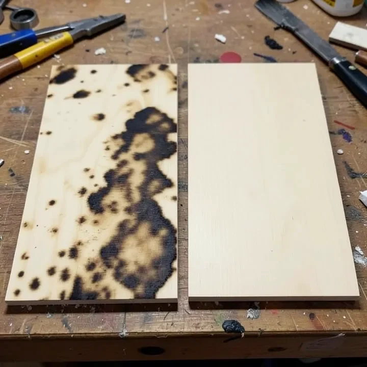 Plywood panel showing blotchy uneven stain on one half compared to smooth even stain on the other