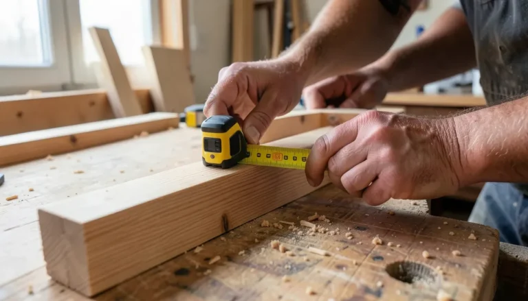 Carpenter measuring the width of an oak board with a tape measure to calculate board feet