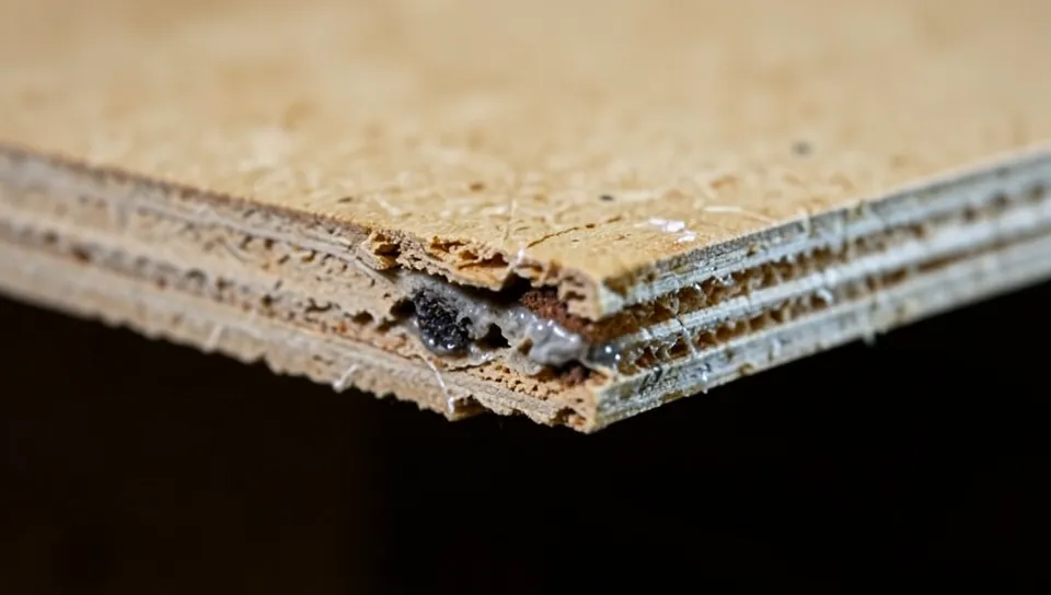 close up of a swollen delaminated edge on a piece of water damaged particle board