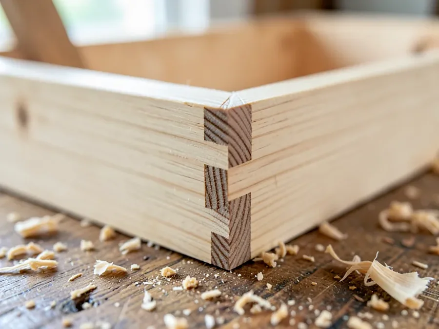 Interlocking box joint fingers on a small wooden box corner, no nails used