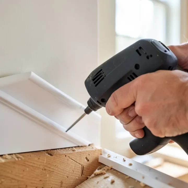 Nail gun driving a brad into quarter round trim at the base of a wall