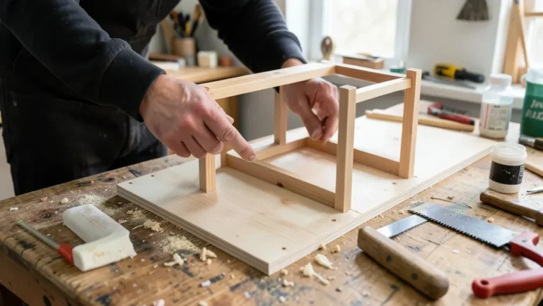 Building a wooden dollhouse frame from plywood panels on a workbench