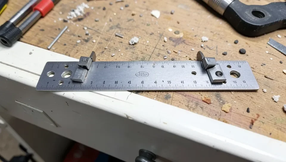 A cabinet hardware jig drill guide with adjustable stops used to mark straight handle screw holes
