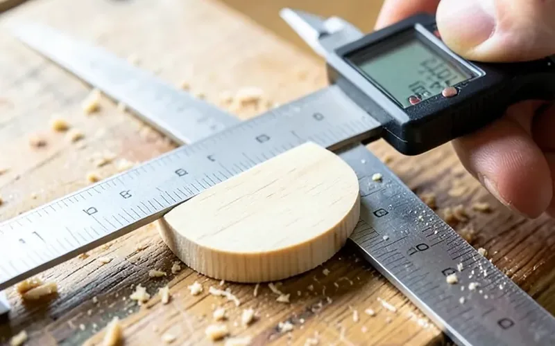 digital caliper measuring the thickness of a beechwood wood joining biscuit