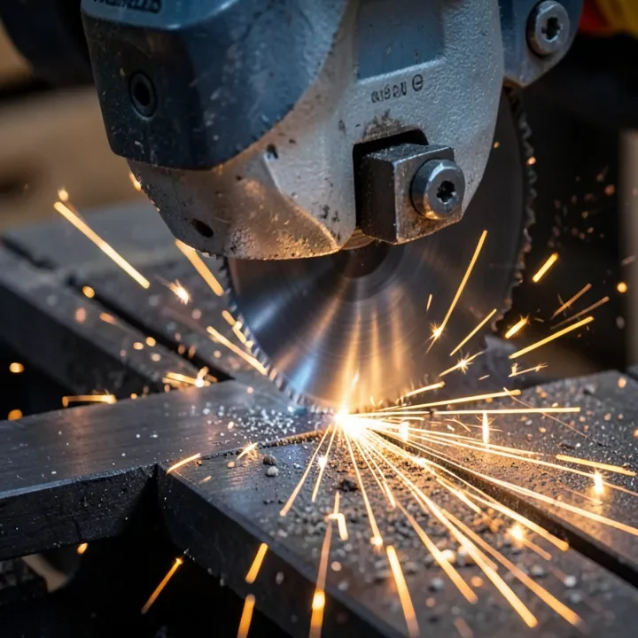 Metal-cutting blade on a miter saw cutting angle iron