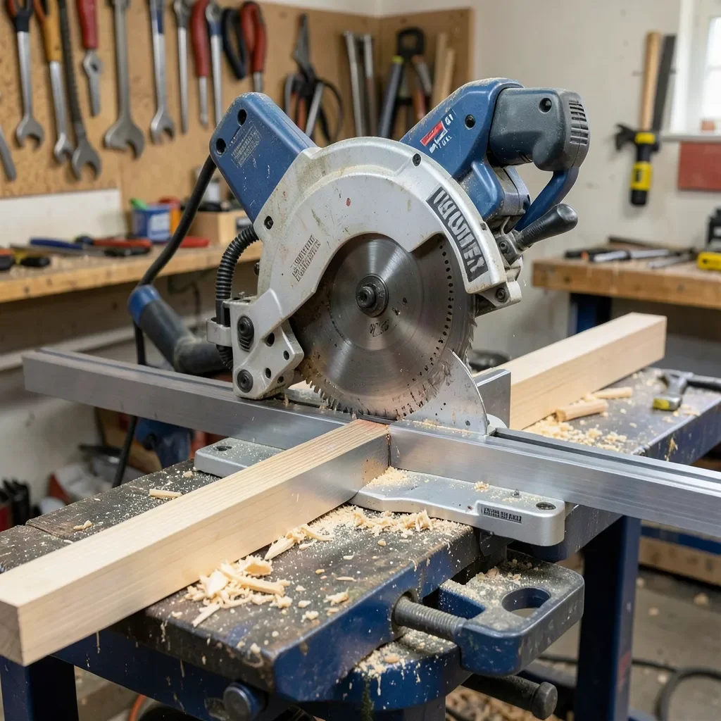 Miter saw set up with metal stock ready to cut
