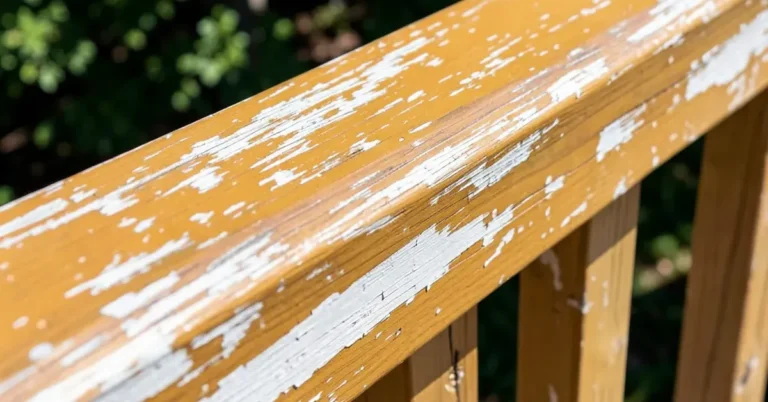 Outdoor wood railing showing shellac finish clouding and peeling from weather exposure