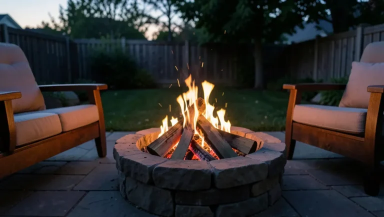 Cozy backyard fire pit burning clean natural firewood at dusk