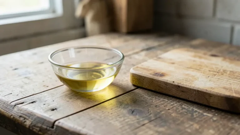 Small bowl of canola oil next to a raw wood cutting board on a rustic counter
