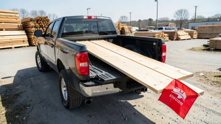 Pickup truck bed with 16-foot boards overhanging the tailgate and a red safety flag tied to the end