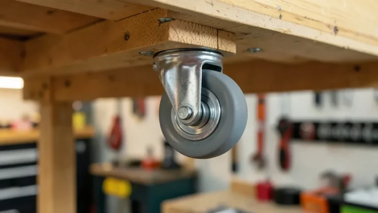 Plate-mount caster wheel screwed into the underside of a wooden workbench leg
