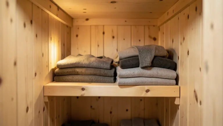 Cedar-lined closet interior with natural cedar wood plank walls and folded wool sweaters on a shelf