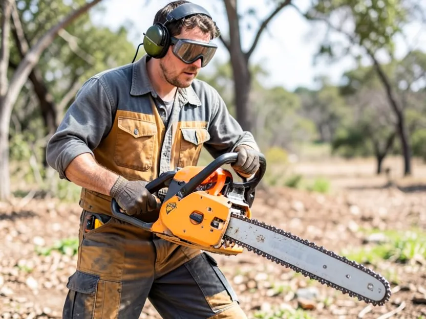Chainsaw operator wearing safety chaps, eye protection, and hearing protection