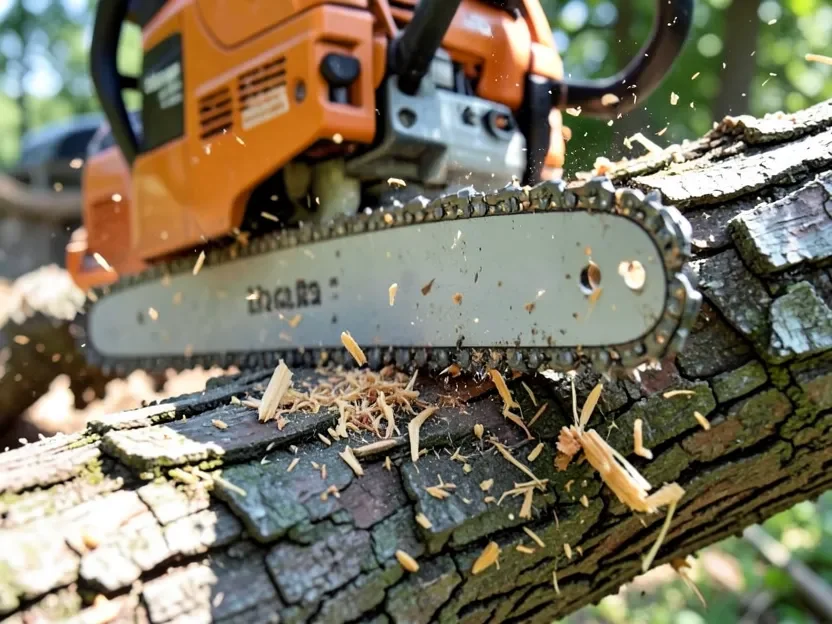 Close-up of a chainsaw blade making an undercut on a tree branch with wood chips flying