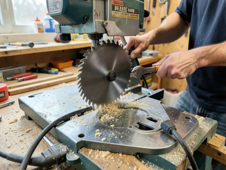 Loosening a table saw arbor nut with a wrench during a blade change