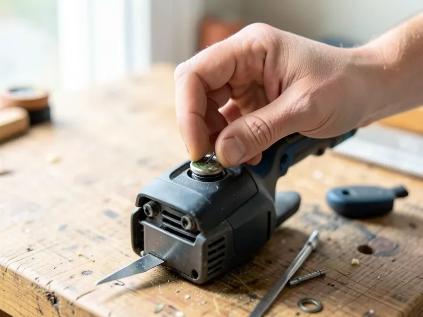 Checking the oil fill cap on a compact cordless mini chainsaw before use