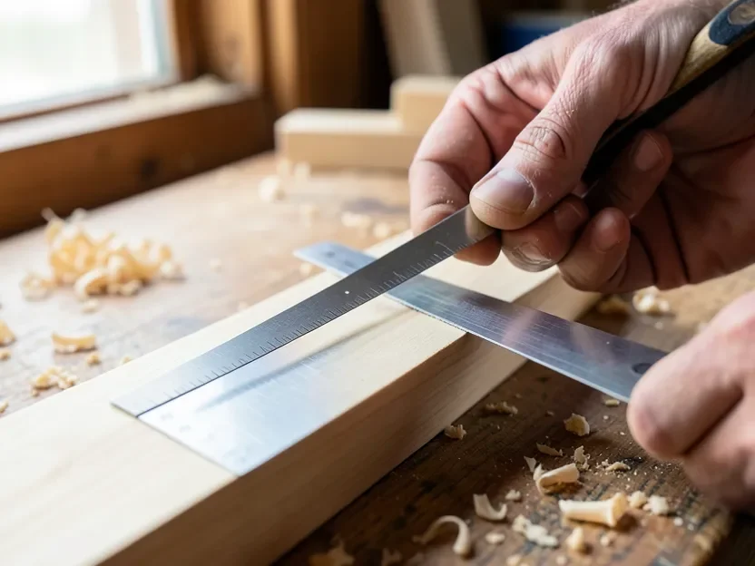 Checking a wood panel for flatness with a metal straightedge before sanding