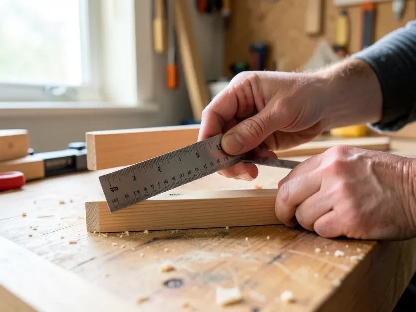 Checking a wooden level blank for a true, straight reference edge with a steel ruler