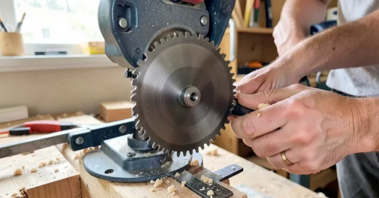 carpenter installing a circular saw blade onto the saw arbor spindle